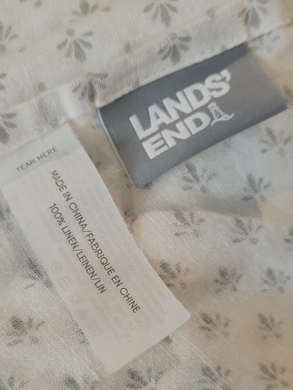 Lands' End white gray linen flat Queen bed sheet